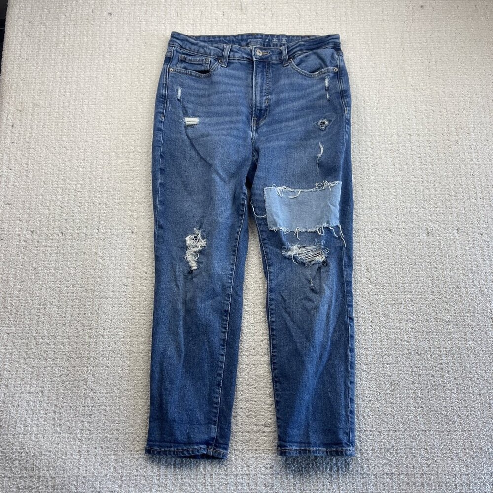 Old Navy O.G. Straight High Rise Jeans Women 12 Blue Patchwork Distressed Y2K
